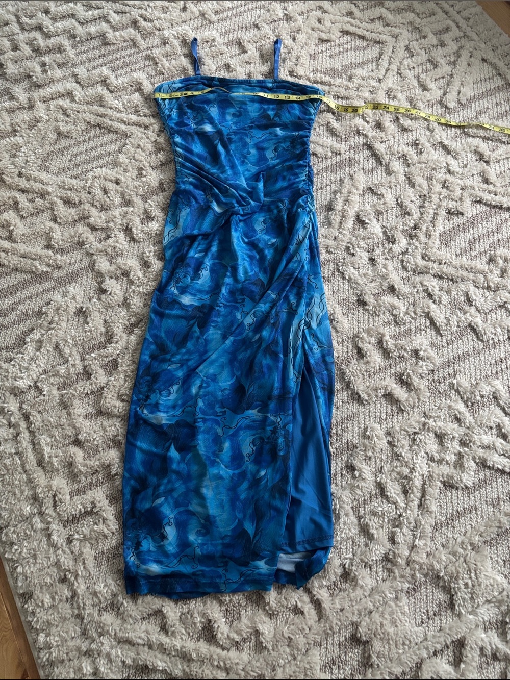 Blue Printed Spaghetti-Strap Midi Dress